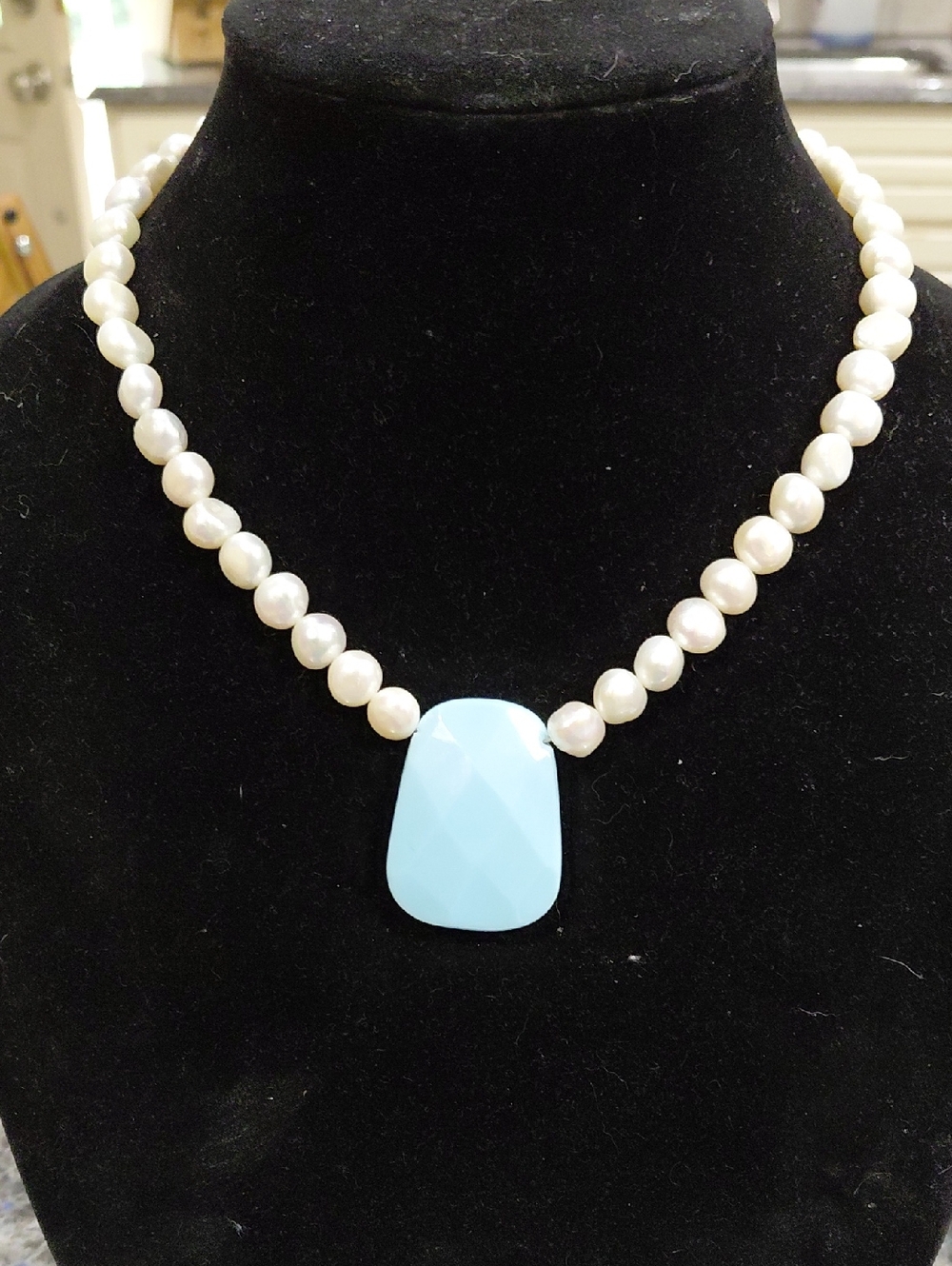 Natural Fresh Water Pearl Necklace with Light Blue Faceted Pendant -18in....